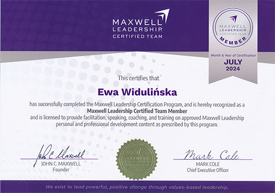 Ewa Widulińska, Certyfikat Maxwell Leadership, Ewa Widulińska & Company