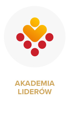 Czerwono-żółte logo z geometrycznych kółek ułożonych w kształt litery V przypominający sylwetkę lidera z rozłożonymi ramionami oraz napis: Akademia Liderów.