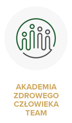 Zielone logo przedstawiające cztery uproszczone sylwetki ludzi połączone linią oraz napis: Akademia Zdrowego Człowieka Team.