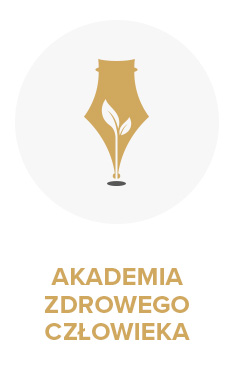 Złote logo przedstawiające stalówkę pióra z wyrastającym listkiem oraz napis: Akademia Zdrowego Człowieka.